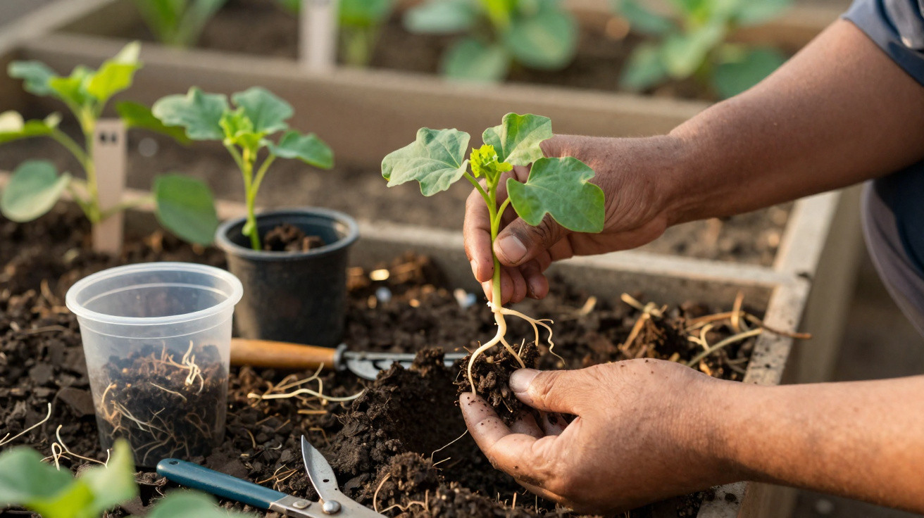 Mãos seguram muda de planta com raízes expostas, em recipiente com terra e outras mudas ao redor.