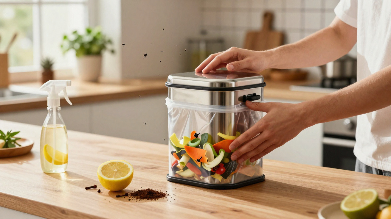 Pessoa usando triturador de frutas e vegetais em cozinha moderna com spray e limão na bancada.