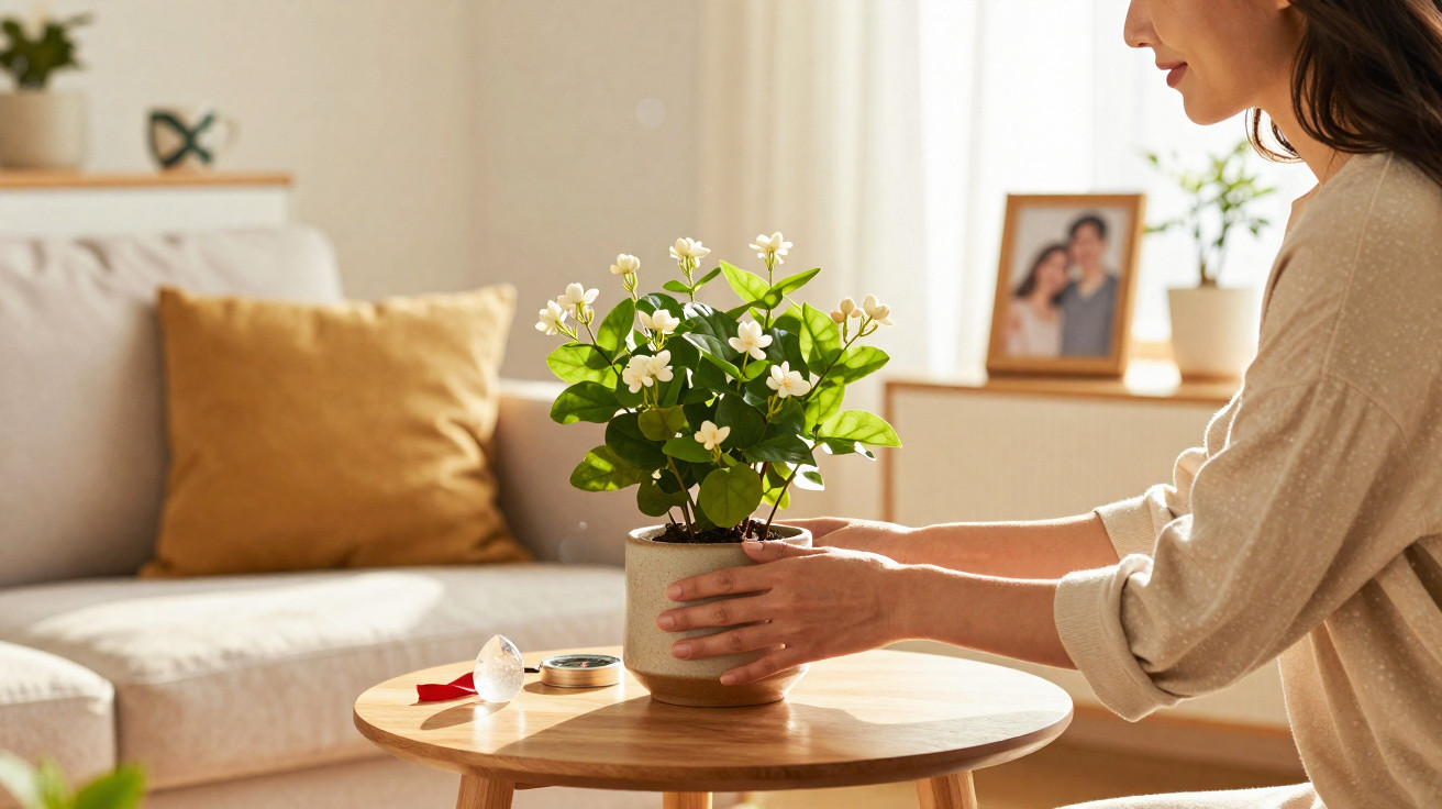 Pessoa colocando vaso com flores brancas em mesa de madeira em sala iluminada e aconchegante.