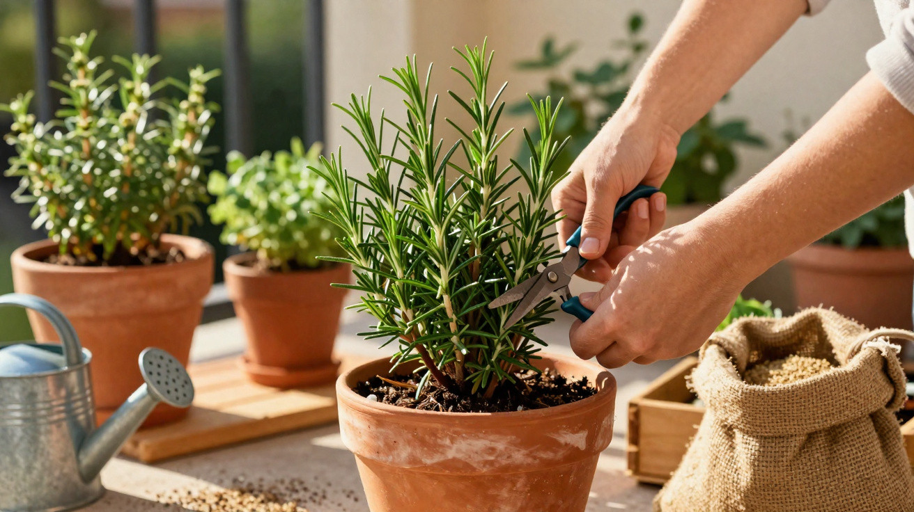 Mãos podando planta de alecrim em vaso de barro sob luz natural, com regador e saco de sementes ao redor.