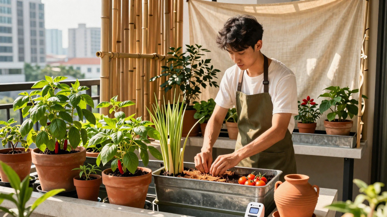 Homem cuidando de plantas em vasos grandes em uma varanda ensolarada com prédios ao fundo.