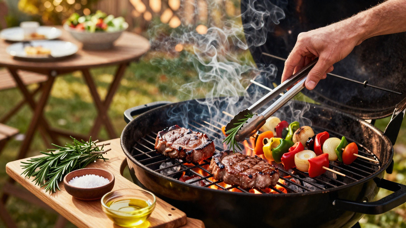 Churrasco ao ar livre com bifes e espetinhos de legumes sendo preparados em uma churrasqueira.