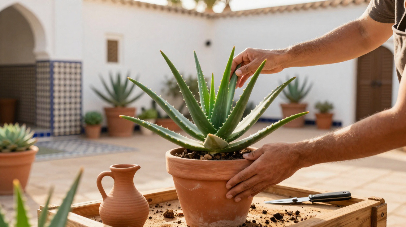 Pessoa cuidando de planta suculenta em vaso de cerâmica em ambiente externo com decoração rústica.