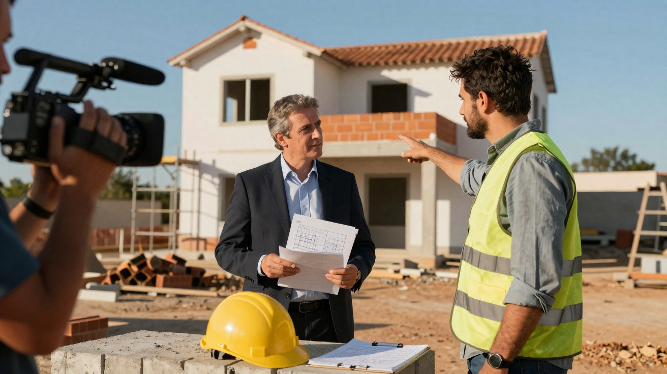 Engenheiro e empresário discutem projeto na construção de casa, com câmera de vídeo ao lado.