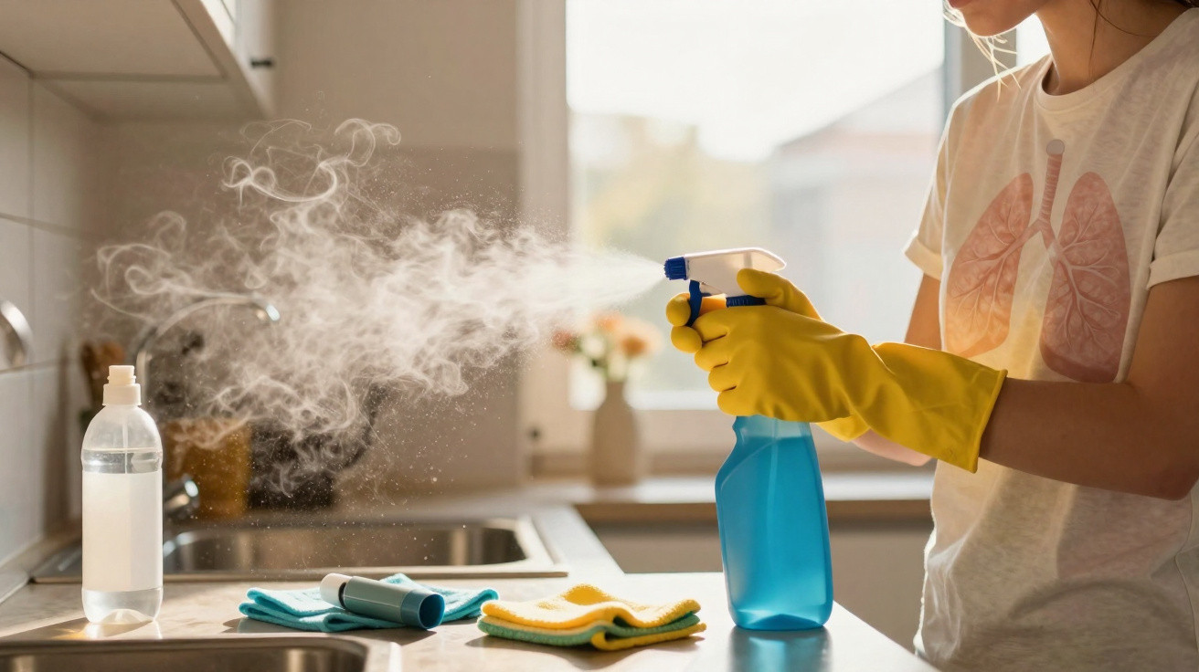 Pessoa com luvas amarelas borrifando spray azul na pia da cozinha iluminada.