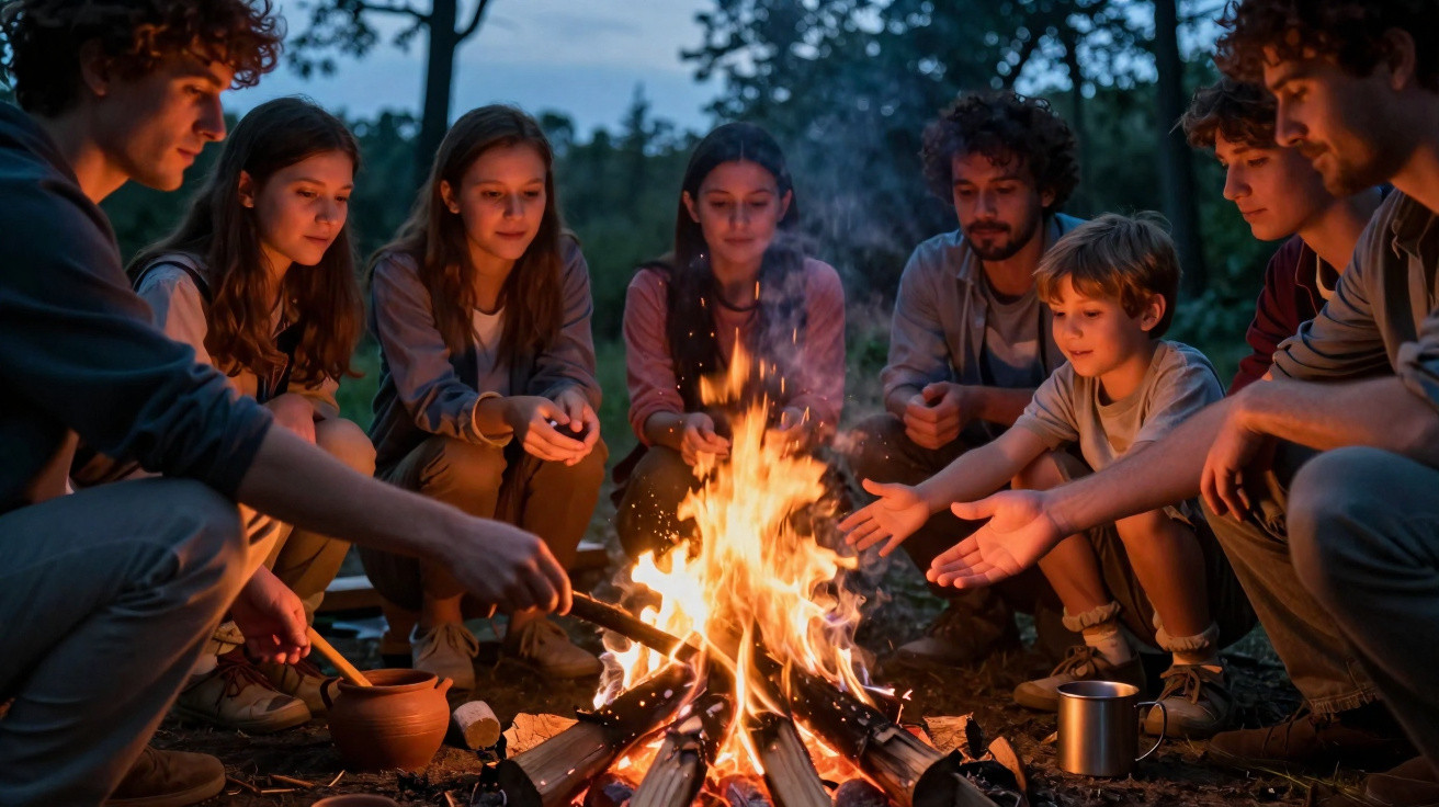 Grupo de pessoas reunidas ao redor de uma fogueira ao ar livre ao entardecer.