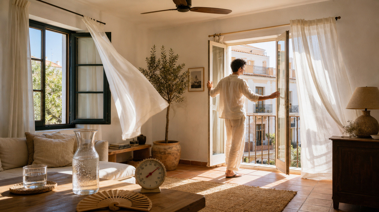 Pessoa abre porta na sala iluminada com cortinas ao vento, móveis rústicos e plantas no ambiente.