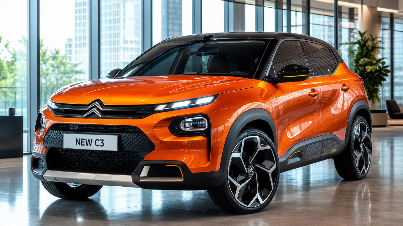 SUV Citroën New C3 laranja com teto preto exibido em showroom moderno e iluminado.