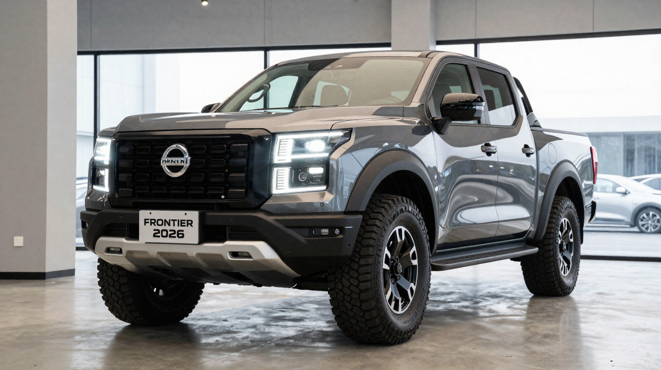 Picape Nissan Frontier 2026 cinza estacionada em ambiente interno com faróis acesos.