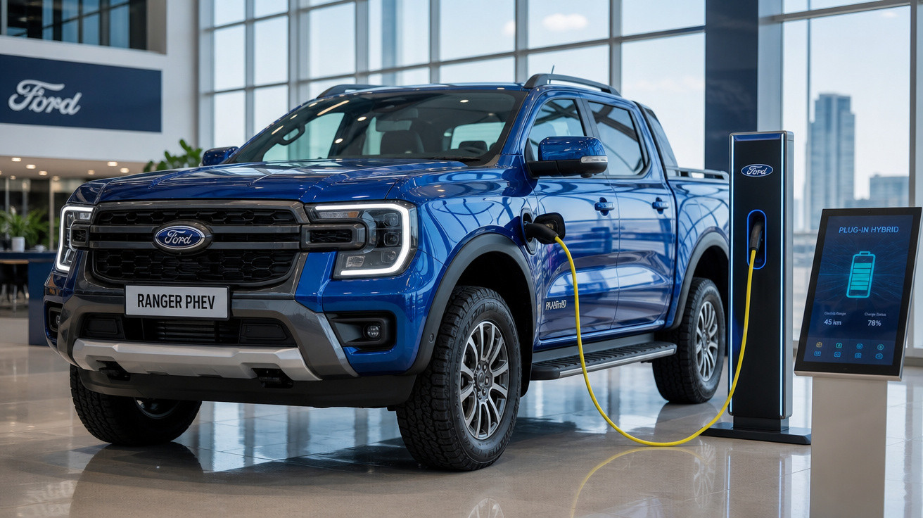 Picape azul Ford Ranger PHEV plugada em estação de recarga dentro de showroom moderno.