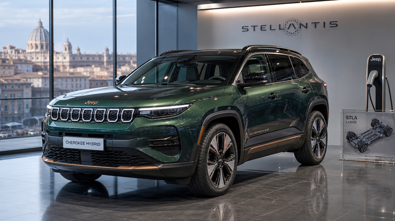 SUV Jeep Cherokee Hybrid verde em exibição interna com vista para cidade ao fundo.