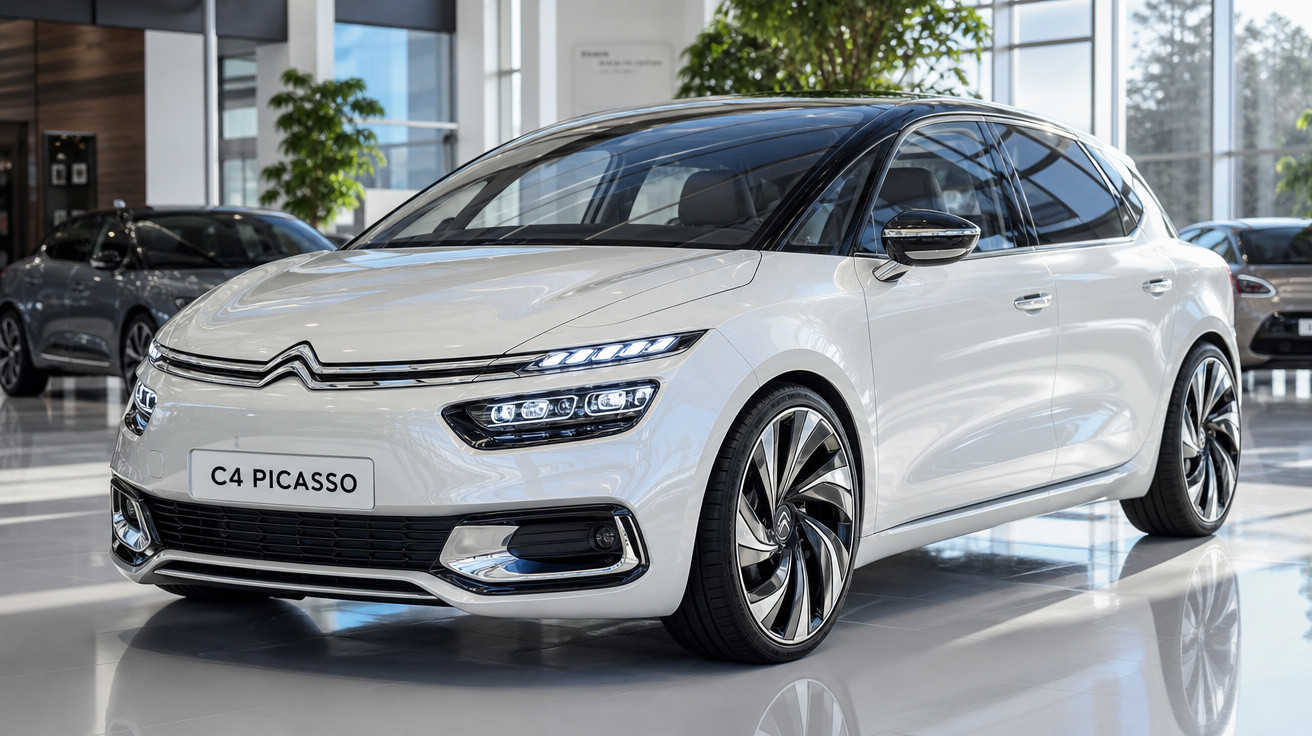 Carro branco Citroën C4 Picasso exibido em showroom com iluminação natural e piso brilhante.