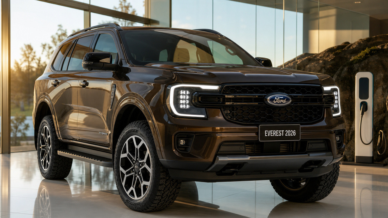 Carro SUV Ford Everest 2026 preto exibido em showroom moderno com iluminação natural.