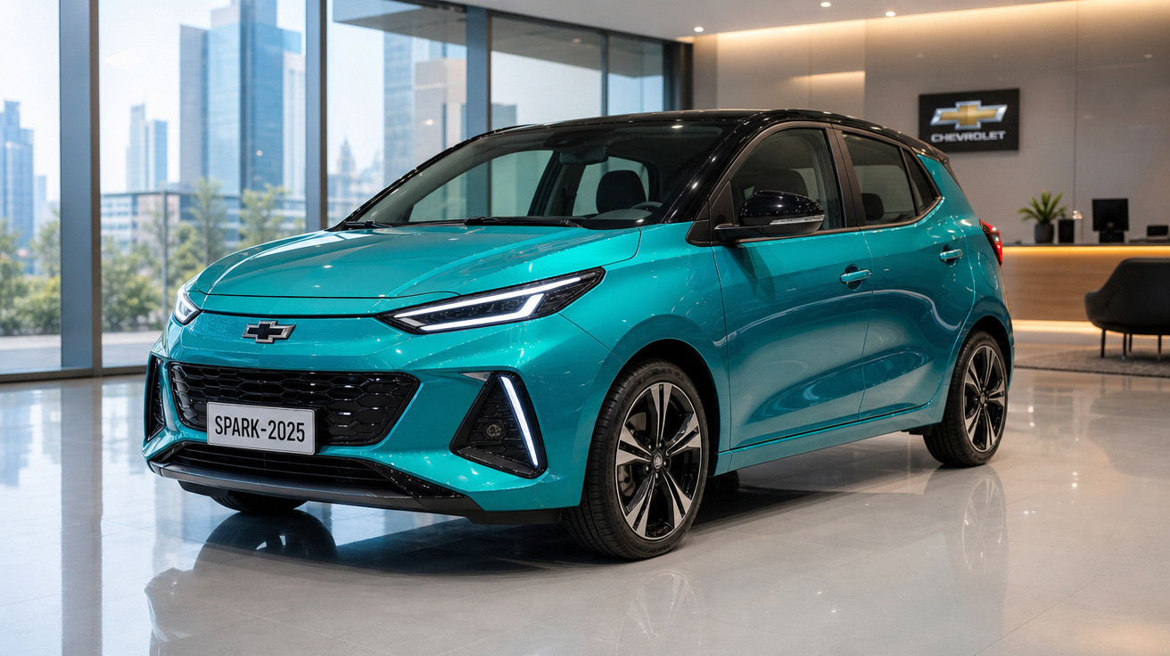 Carro hatchback Chevrolet Spark 2025 azul com teto preto em showroom moderno e iluminado.