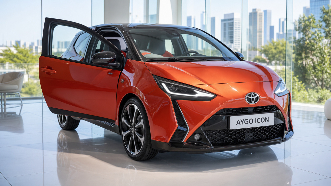 Carro Toyota Aygo Icon laranja com porta dianteira esquerda aberta em showroom moderno.