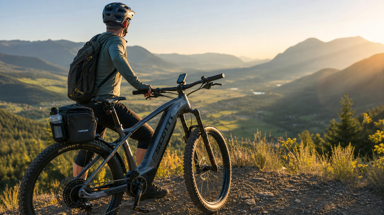 Ciclista com capacete e mochila observa paisagem montanhosa ao pôr do sol em trilha de bicicleta.