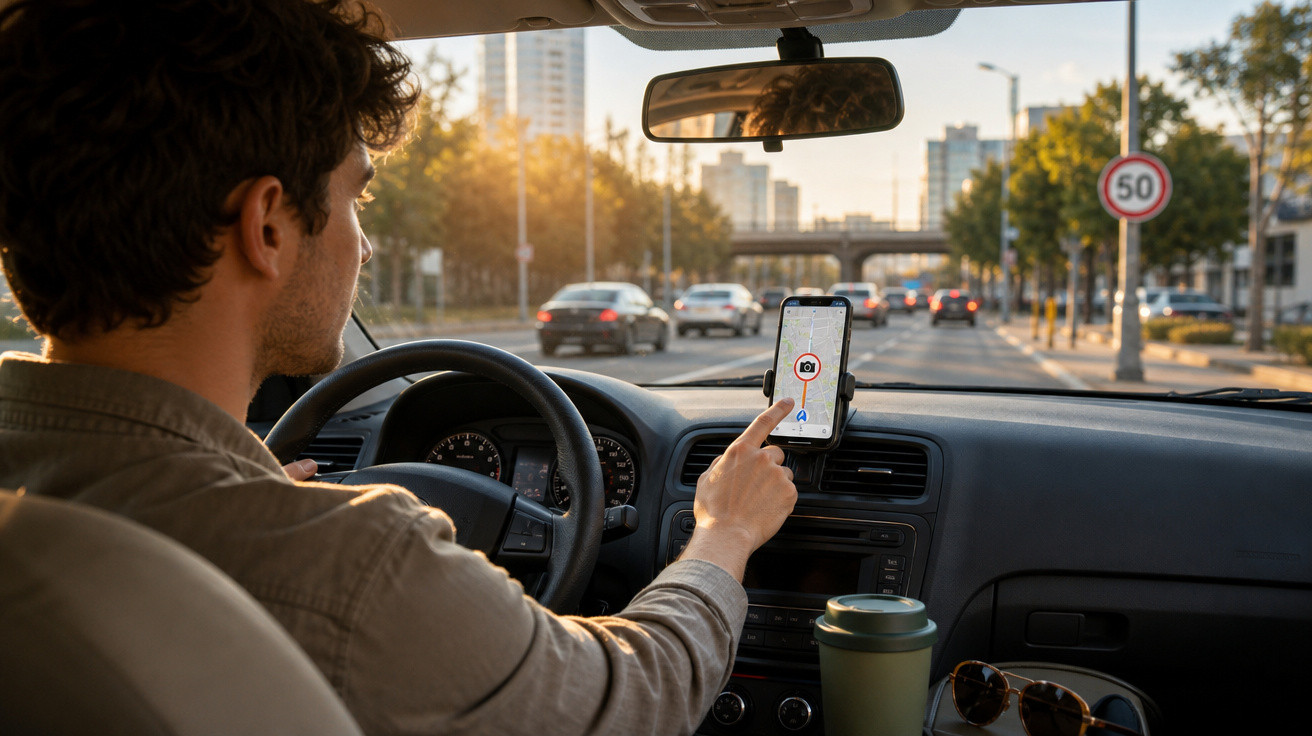 Homem dirigindo carro e usando GPS no celular com sinal de radar de velocidade na tela.