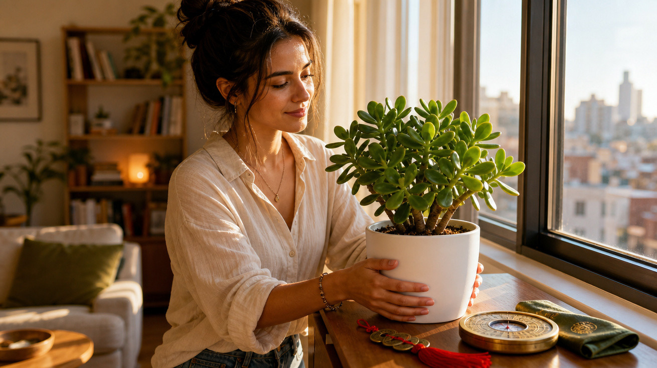 Mulher sorrindo segurando vaso com planta perto da janela em ambiente acolhedor e iluminado.