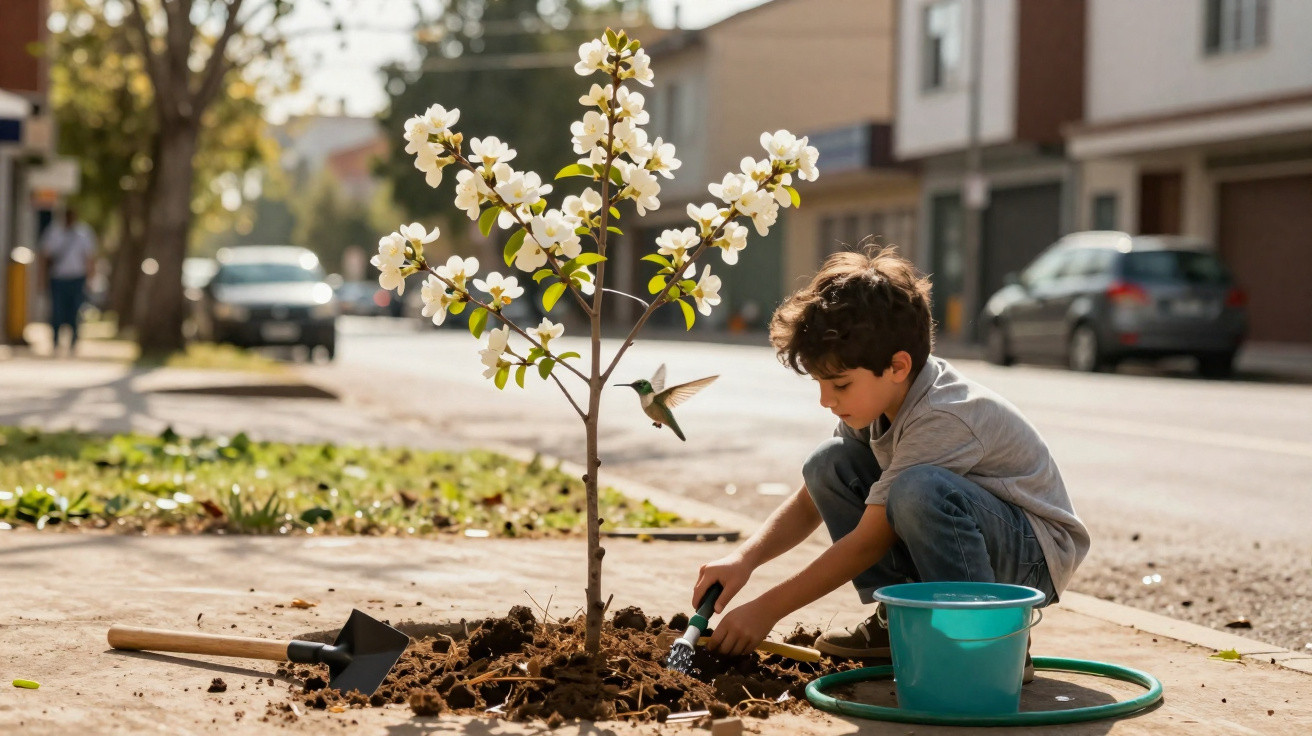 Criança plantando árvore florida em calçada urbana com bebedouro e beija-flor próximo.