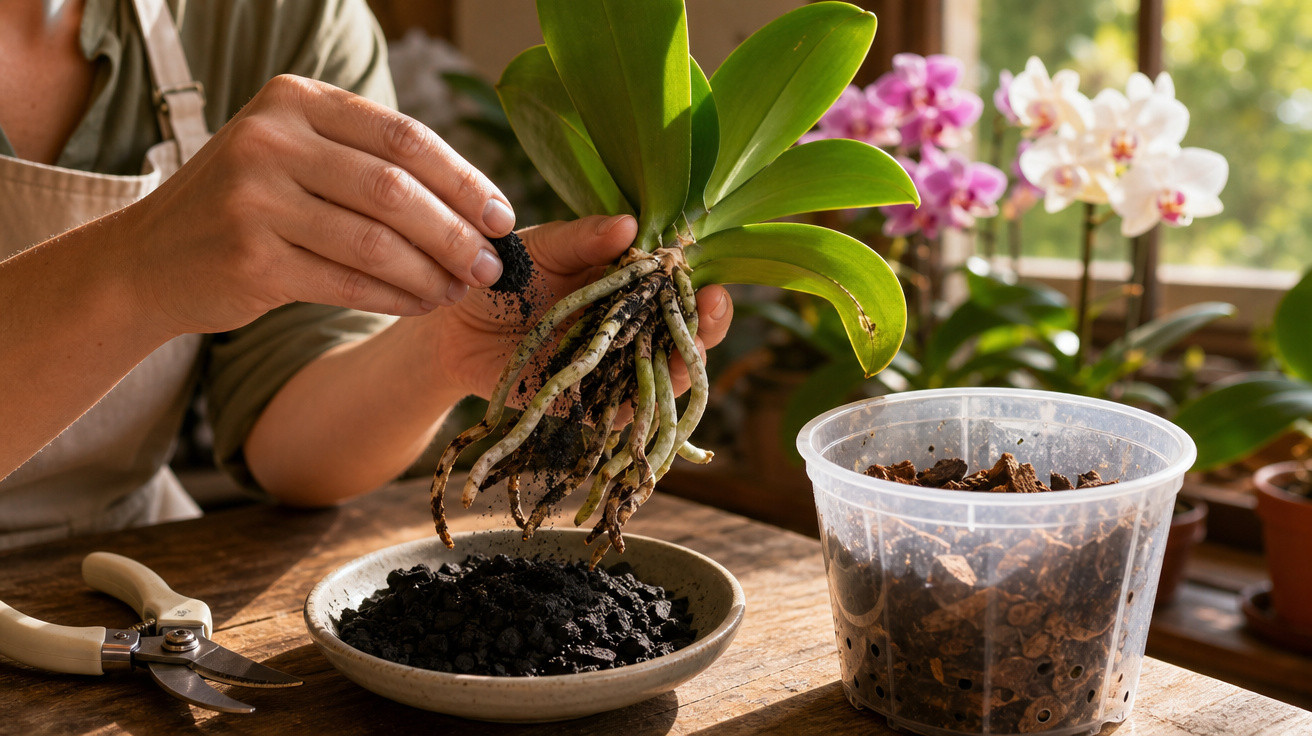 Pessoa transplantando orquídea, segurando planta com raízes e terra, ferramentas e vaso ao lado.