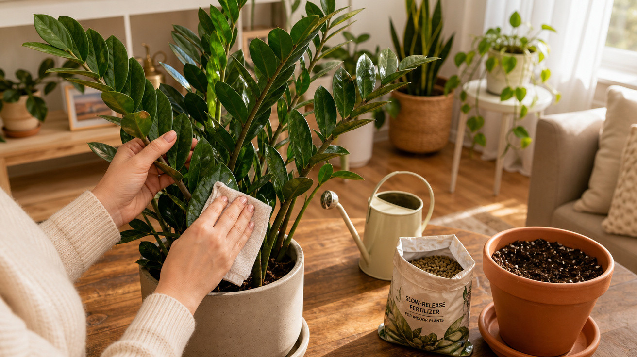 Pessoa limpando folhas de planta em vaso branco em ambiente interno iluminado com regador e fertilizante ao fundo.