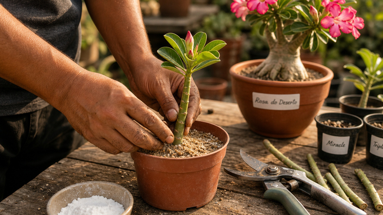 Mãos plantando muda em vaso com ferramentas e plantas em mesa de madeira.