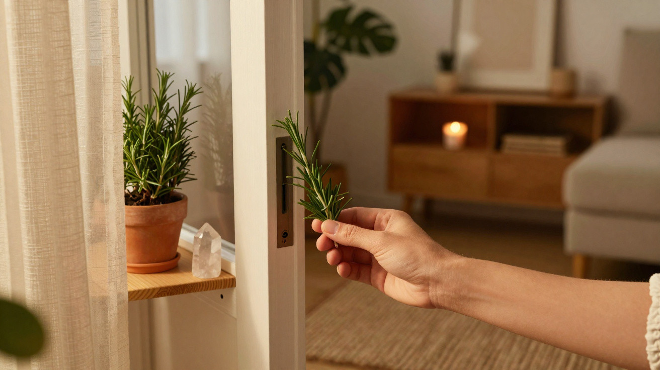Mão segurando ramo de alecrim perto de porta de vidro em ambiente interno com planta e vela acesa ao fundo.