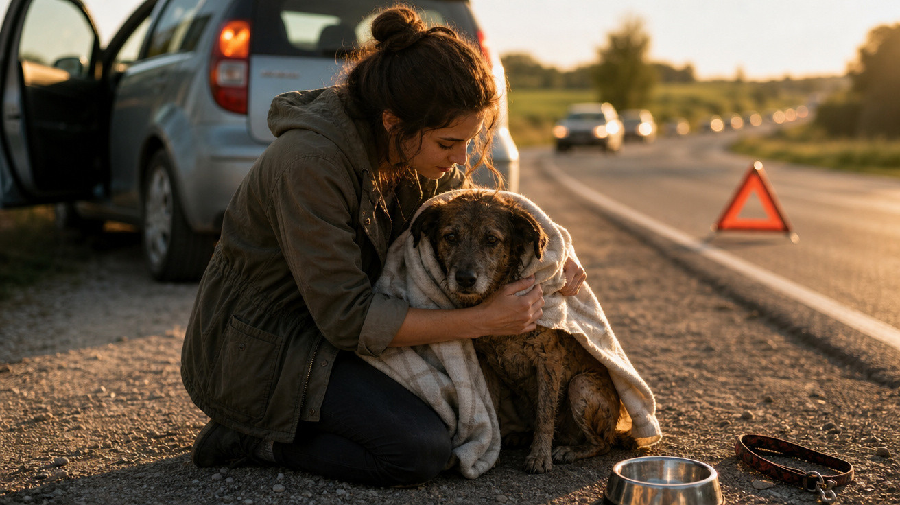Mulher agachada abraça cachorro enrolado em cobertor na lateral da estrada, perto de carro quebrado e triângulo de segurança.