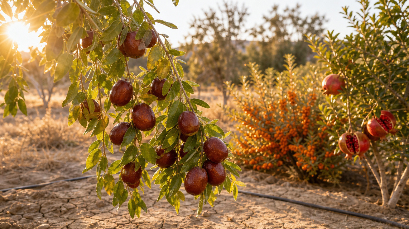 Ramo de romã com frutos maduros em pomar ao pôr do sol em solo seco e rachado.