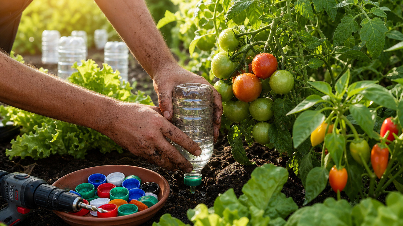 Mãos colocando garrafa PET no solo para irrigação de plantas, com tomates e vegetais ao redor, em horta caseira.