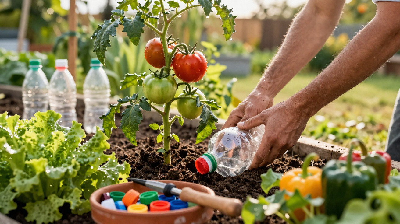 Pessoa regando planta de tomateiro com garrafa plástica em horta caseira com verduras e legumes ao redor.