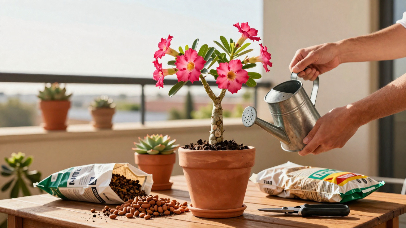 Mãos regando planta com flores rosas em vaso de barro, sobre mesa com adubo e ferramentas de jardinagem.