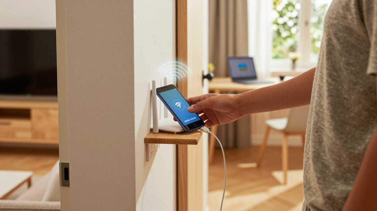 Pessoa conectando smartphone a roteador Wi-Fi para ativar sinal de internet em ambiente residencial.
