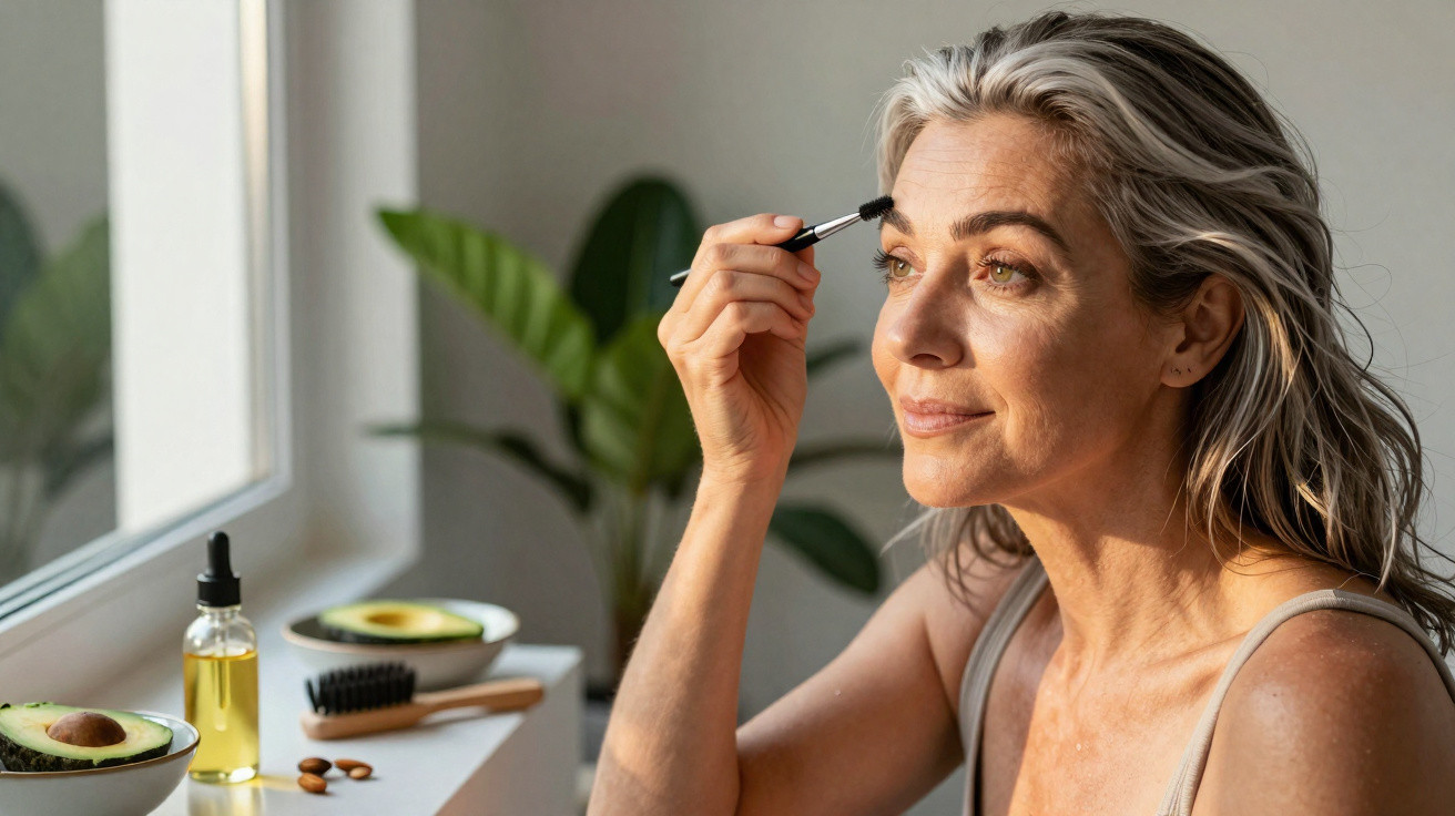 Mulher madura aplicando rímel, sentada perto de janela com abacate e produtos de beleza.