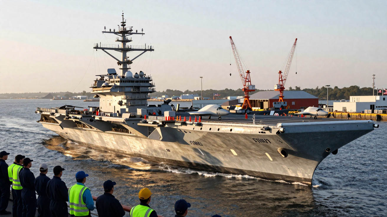 Porta-aviões naval navegando próximo a cais onde marinheiros observam na costa.