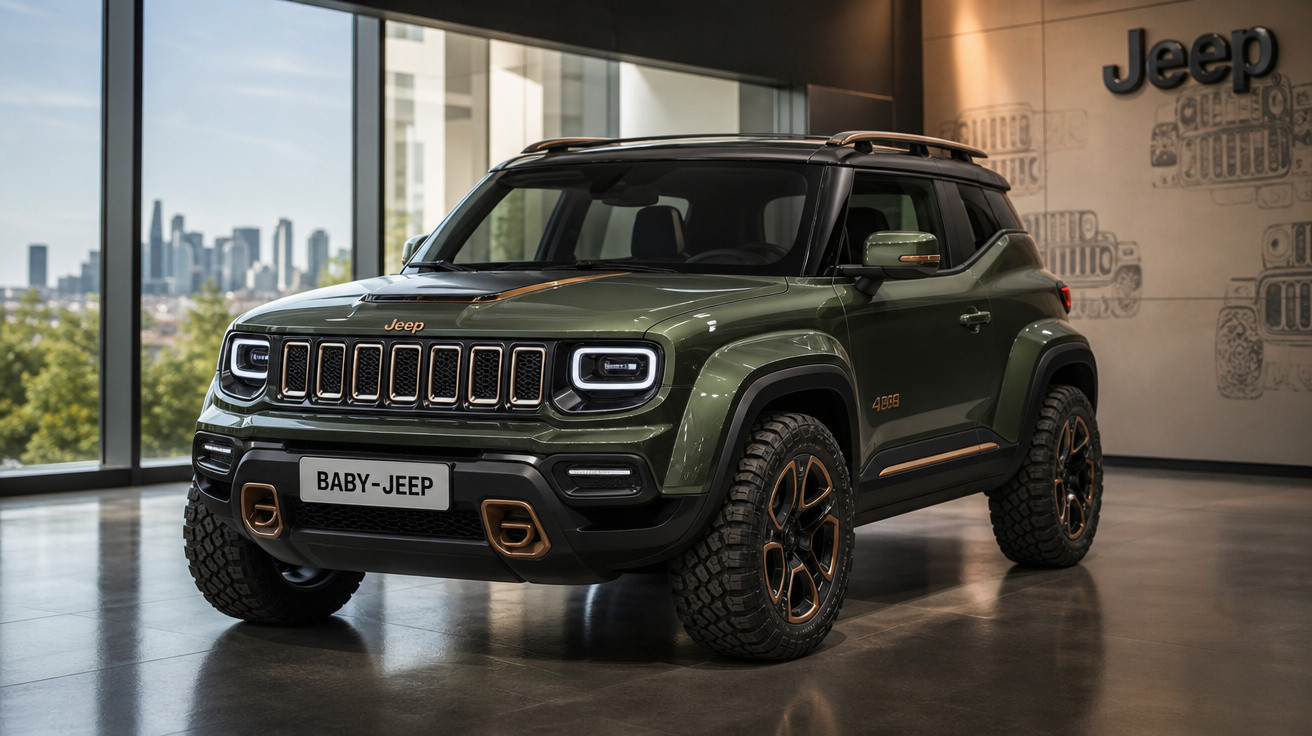 Jeep verde militar modelo Baby-Jeep exibido em showroom com pneus robustos e teto preto.