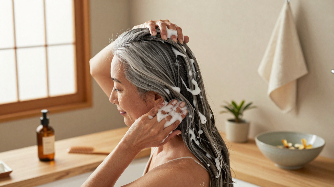 Mulher lavando o cabelo com espuma branca em ambiente iluminado e decoração minimalista.