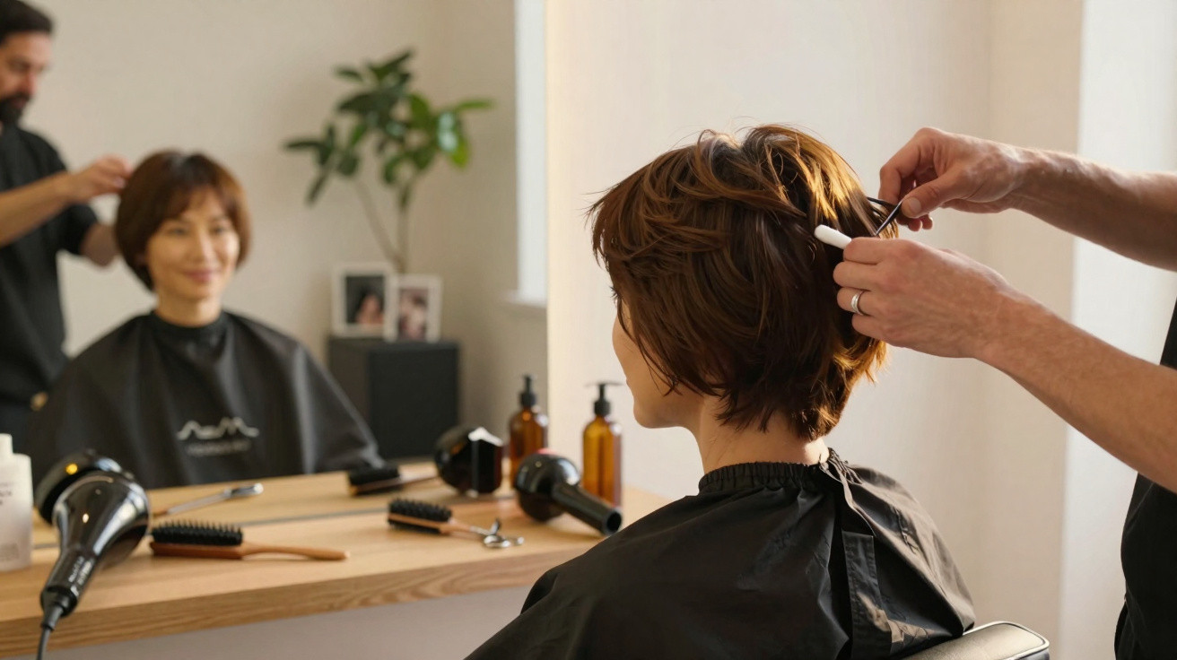 Mulher de cabelo curto recebendo corte em salão de beleza, vista pelo espelho.