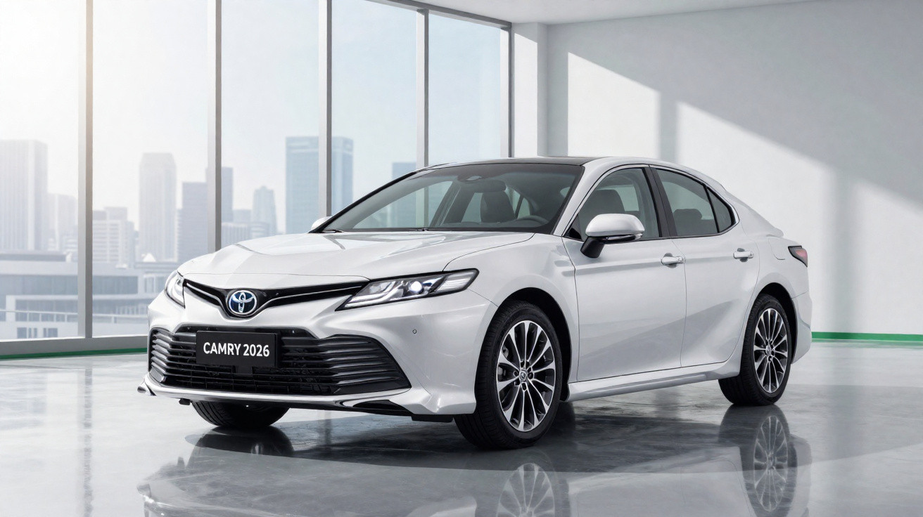 Sedã branco Toyota Camry 2026 estacionado em ambiente interno com janelas grandes e vista urbana.