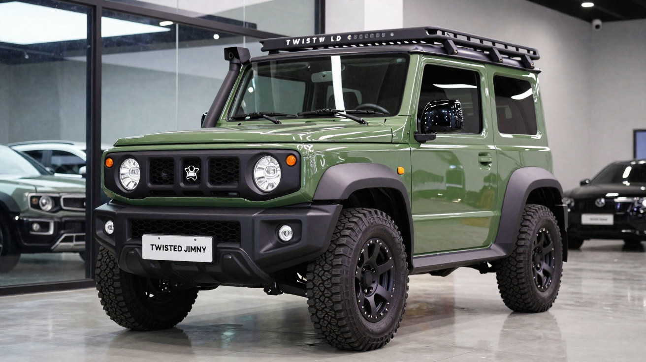Carro SUV verde militar com pneus robustos e rack de teto exibido em showroom moderno.
