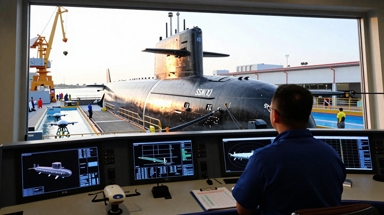 Homem monitora o lançamento de um submarino em doca, com telas mostrando dados técnicos do veículo subaquático.