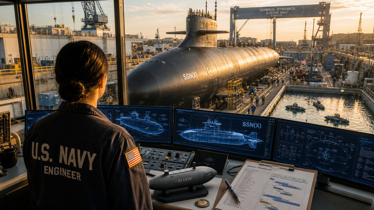 Engenheira da Marinha dos EUA supervisiona construção de submarino SSN(X) em estaleiro naval ao pôr do sol.