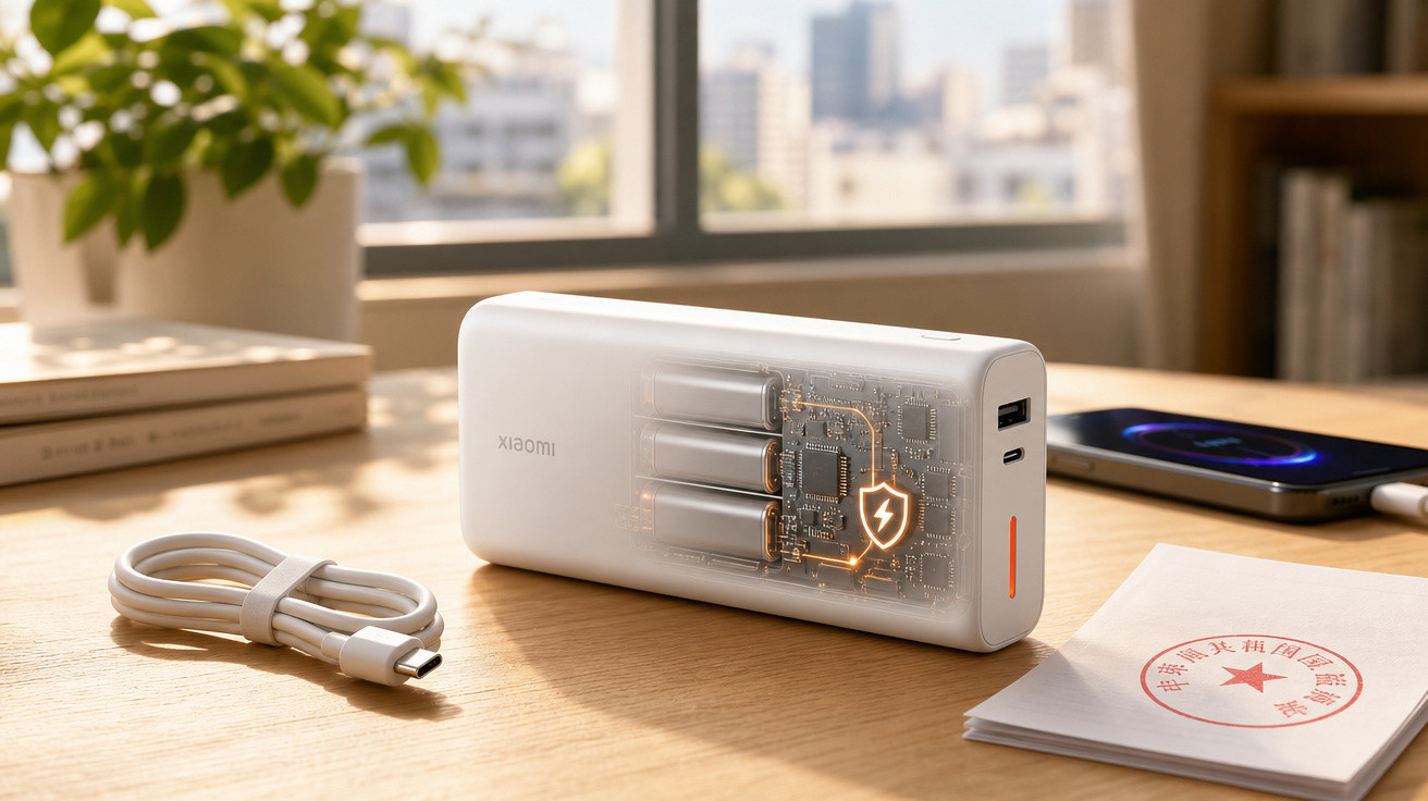 Power bank branco da Xiaomi com display interno mostrando bateria e circuito, cabo USB e celular carregando na mesa.