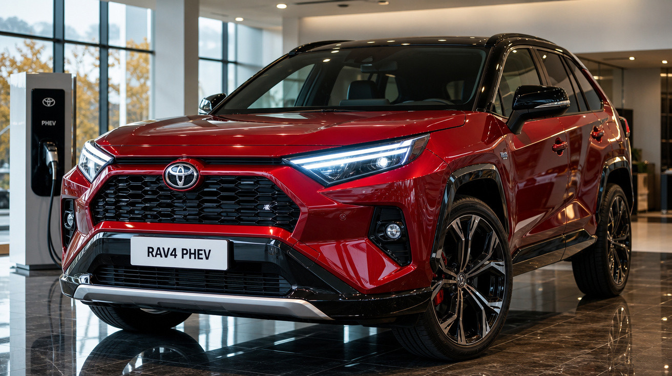 SUV vermelho Toyota RAV4 PHEV exposto em showroom com carregador elétrico ao fundo.