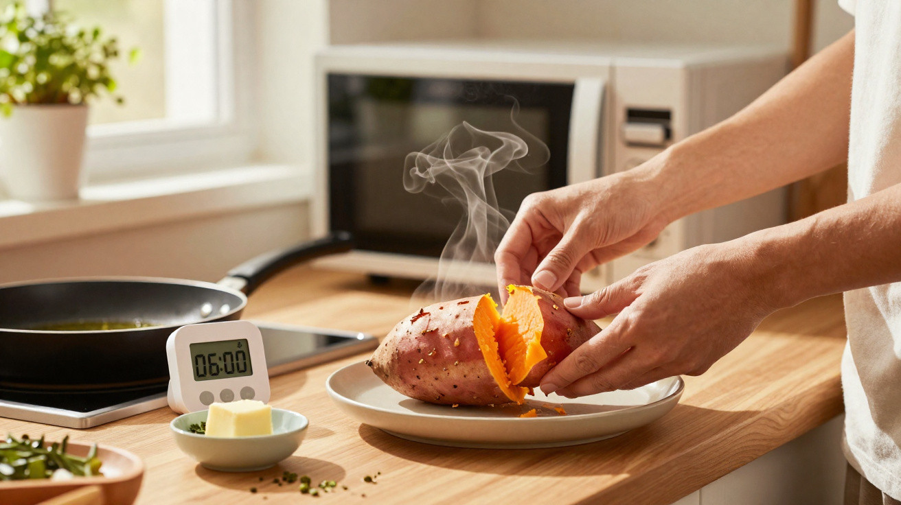 Pessoa abrindo batata doce quente em prato com timer e frigideira sobre bancada de cozinha