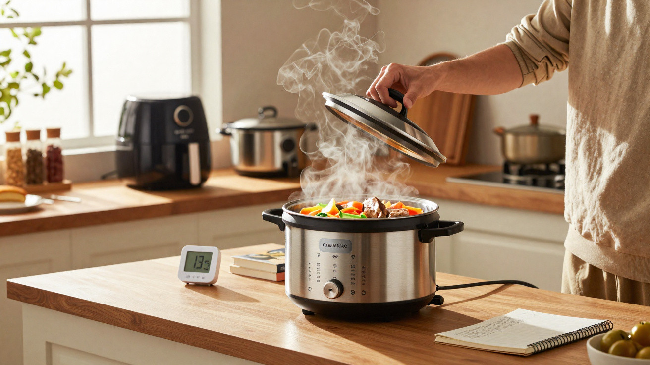 Pessoa abrindo tampa de panela elétrica com vapor saindo, em cozinha clara e utensílios ao fundo.