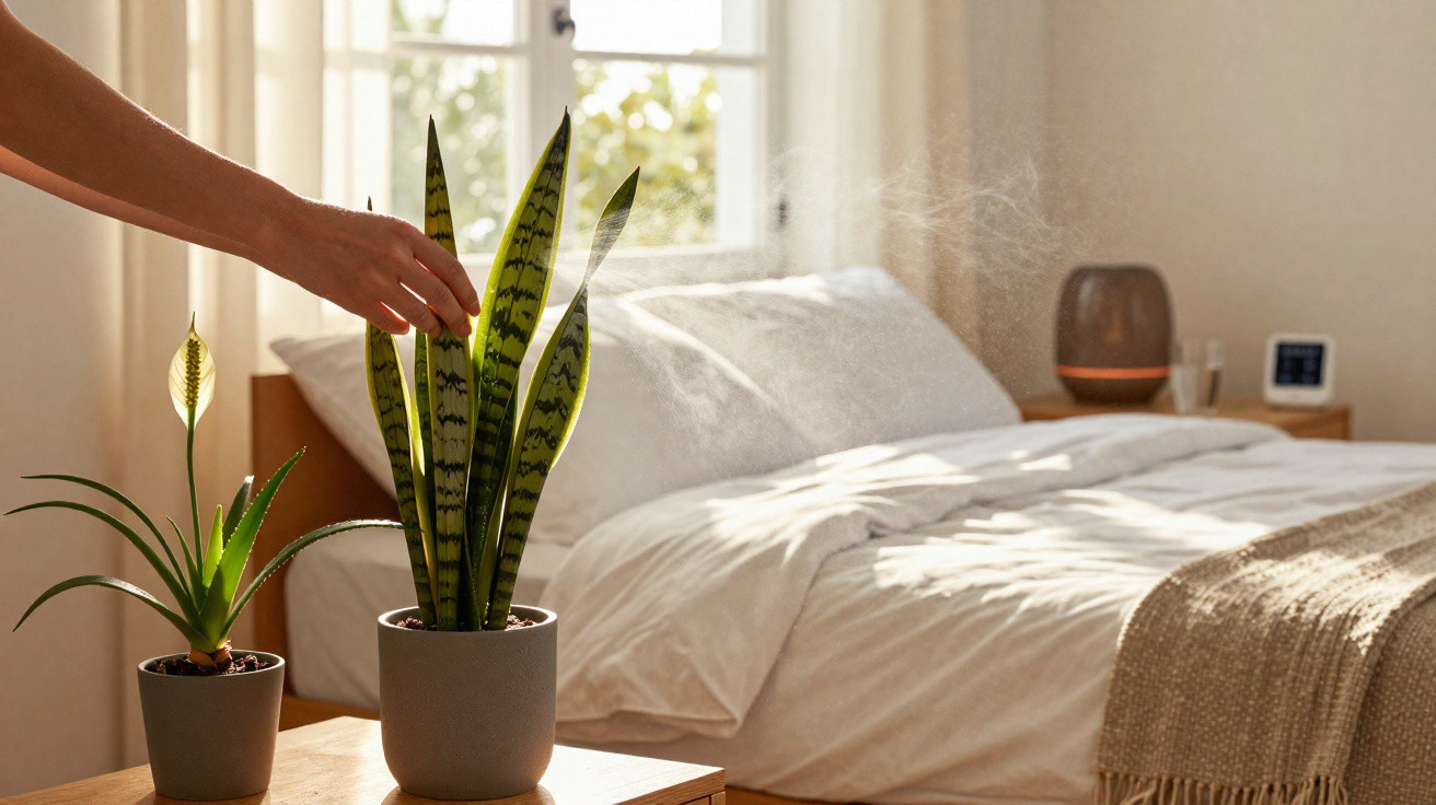 Mão tocando planta em vaso com cama e umidificador ao fundo em quarto iluminado naturalmente.