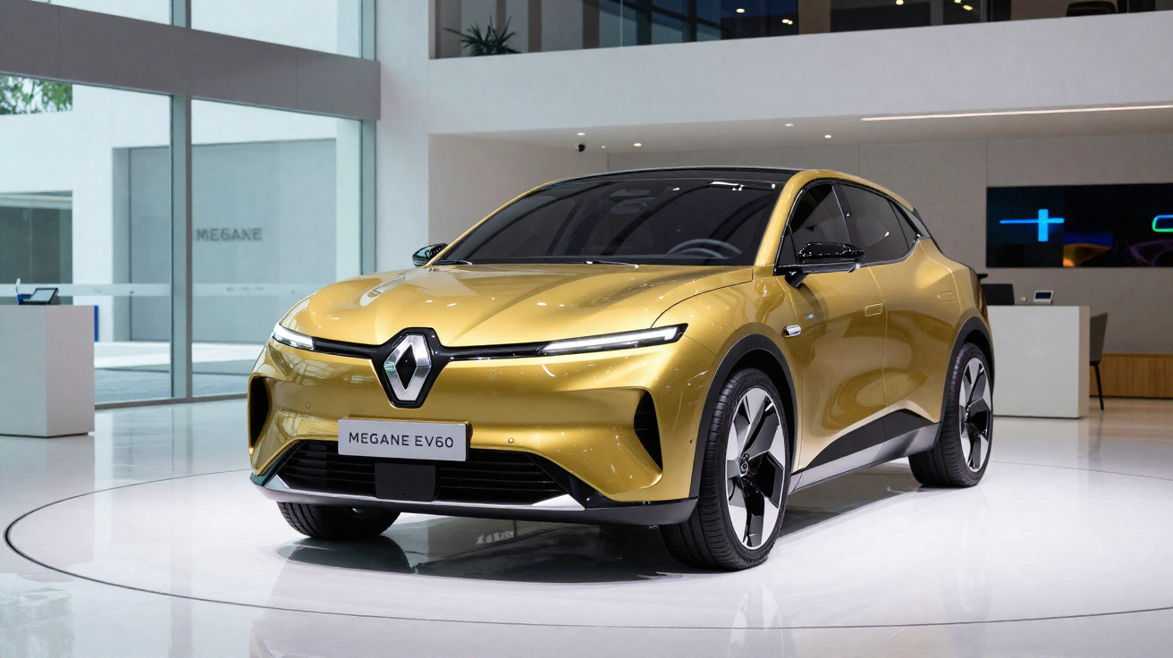 Carro elétrico Renault Megane EV60 dourado exposto em salão moderno com piso branco e iluminação intensa.