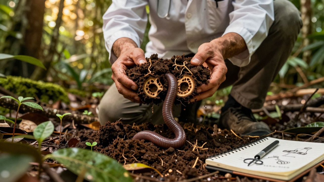 Pesquisador segurando terra com minhoca e fungos, caderno com desenhos e caneta no chão da floresta.