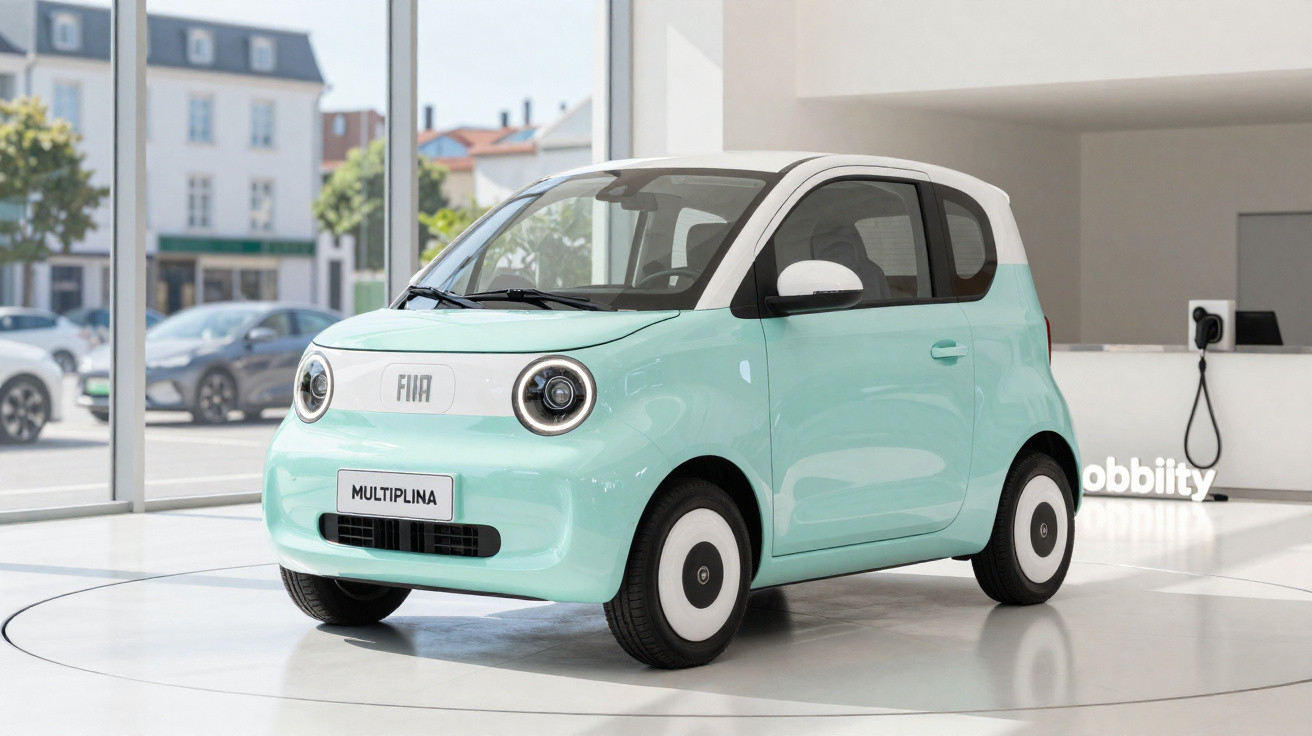 Carro elétrico Fiat Multipla em tom azul claro com teto branco em showroom moderno e iluminado.